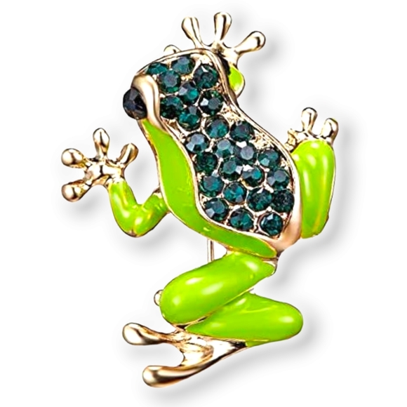 Gold plated green crystal frog brooch - Picture 8 of 13